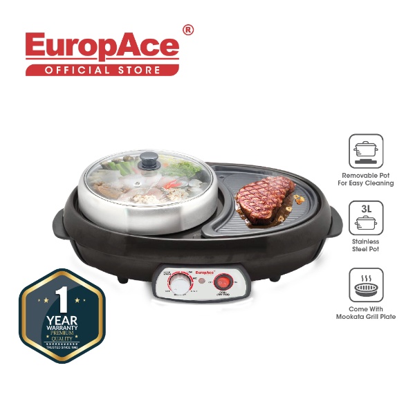 EuropAce 3.0L Electric Steamboat with BBQ Grill (Black)